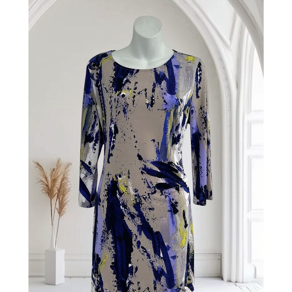 Alfani Blue and Yellow Abstract Long Sleeve Dress in Woman’s Size Medium